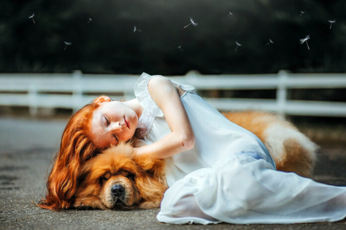 rudowłosa dziewczynka z psem